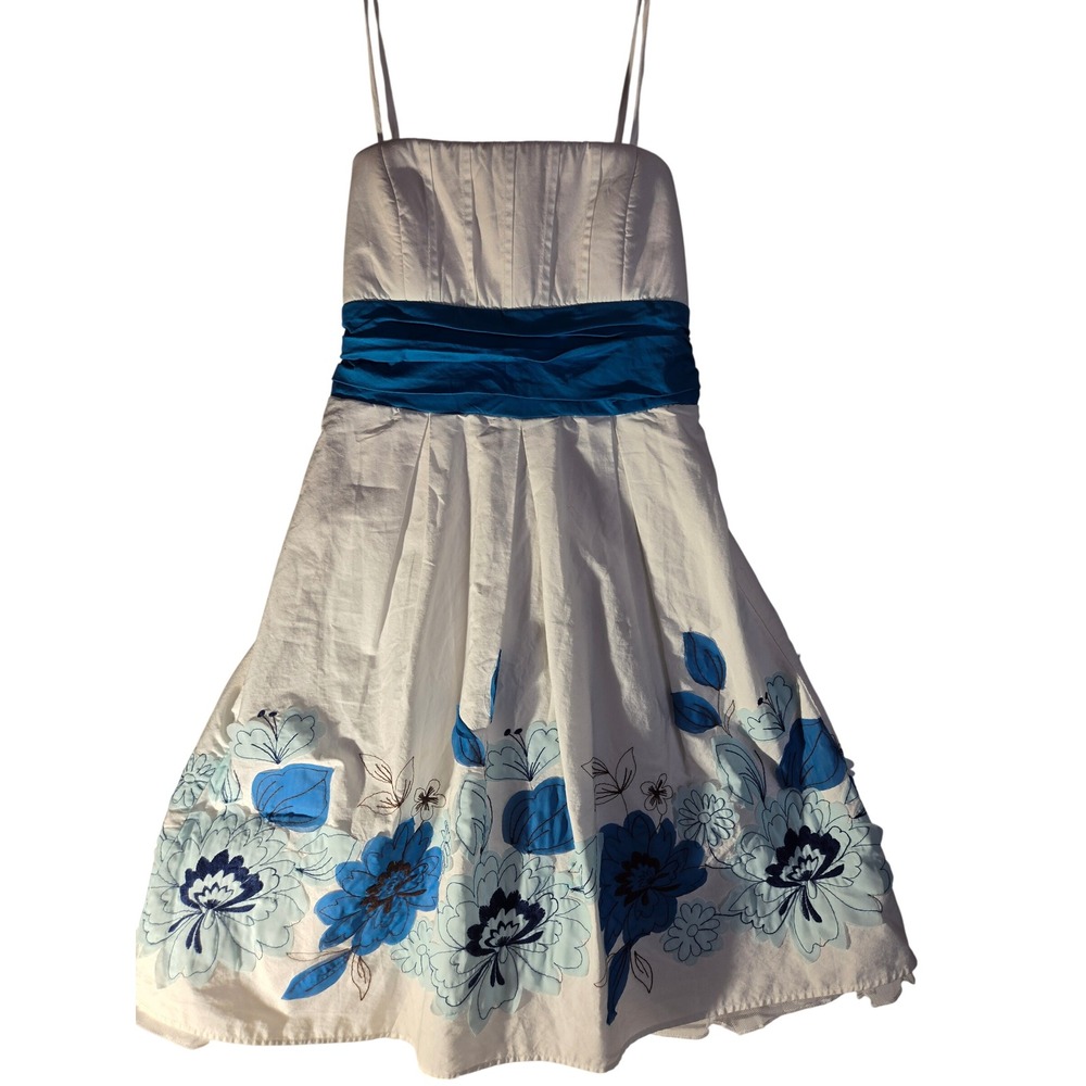 City Triangles White Blue Floral Applique Fit Flare Dress Size 5 Party Prom